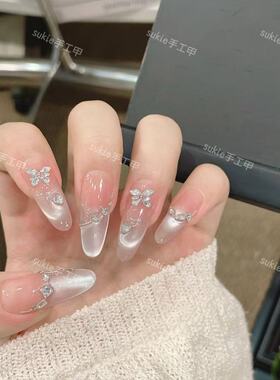 纯手工穿戴甲显白纯欲带钻猫眼