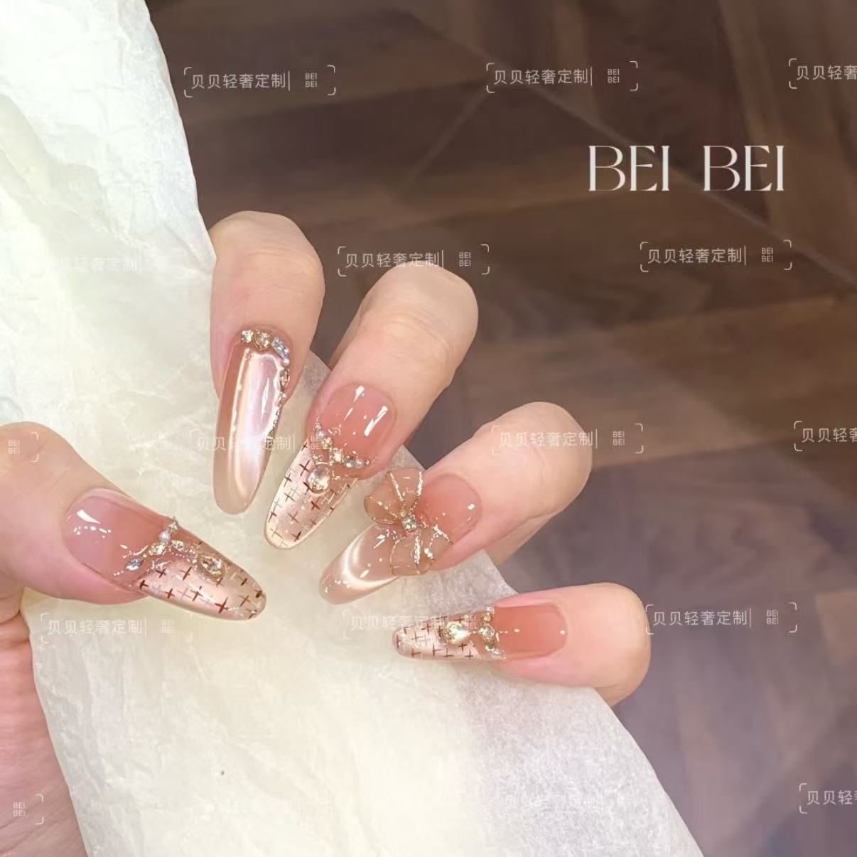 纯手工裸色立体蝴蝶结高定穿戴甲