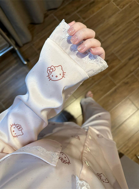 helloKitty冰丝睡衣女春秋季甜美蕾丝薄款夏天丝绸2026新款家居服