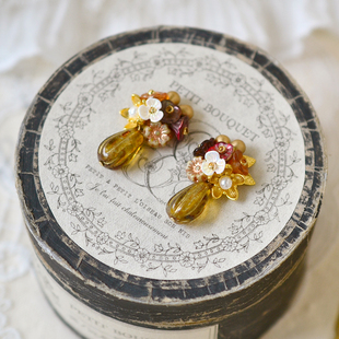 秋日花瓶 复古串珠银耳钉耳夹 原创手作美拉德色进口米珠日系法式