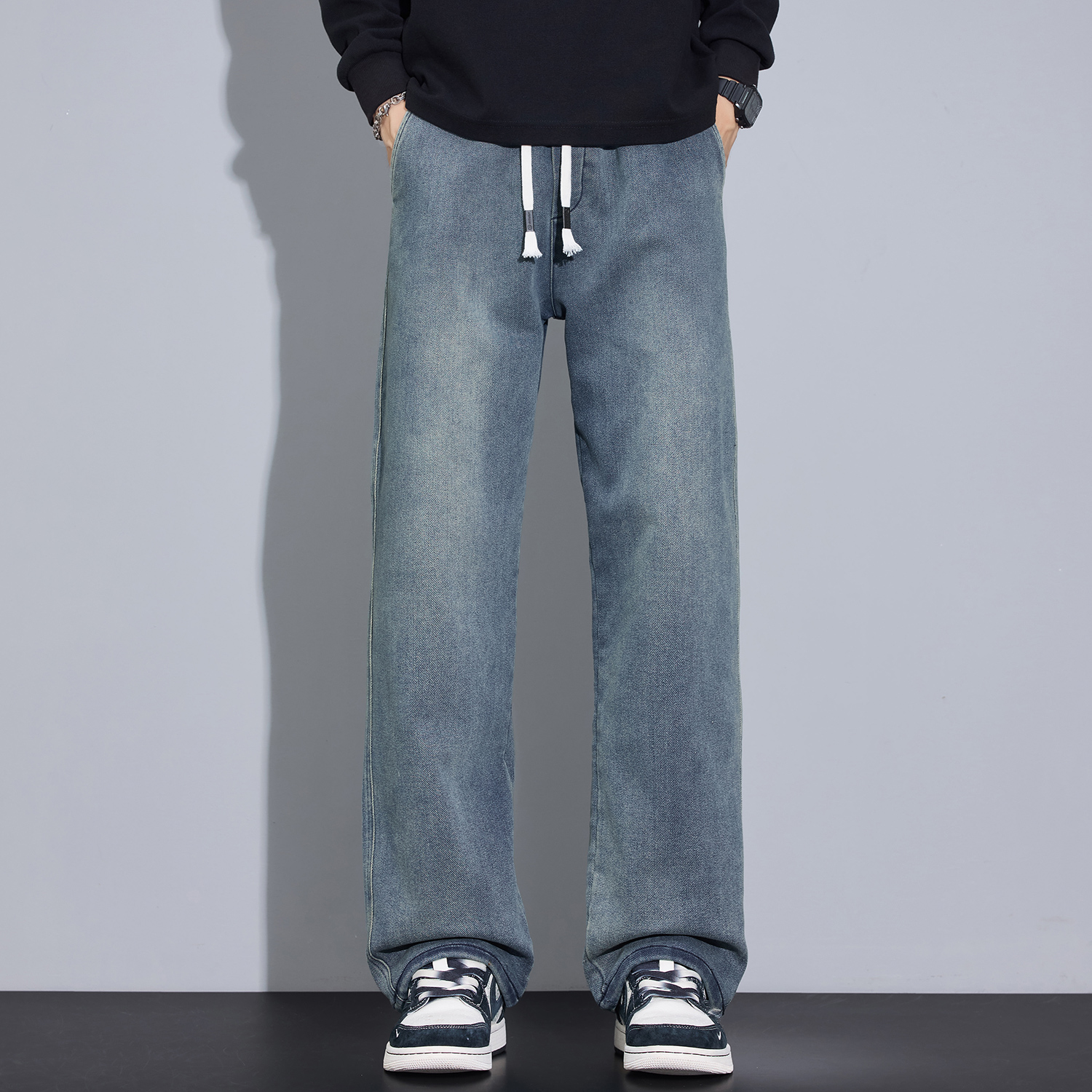 190高个子男生穿搭牛仔裤加长版秋冬高街拖地裤男宽松阔腿裤115cm