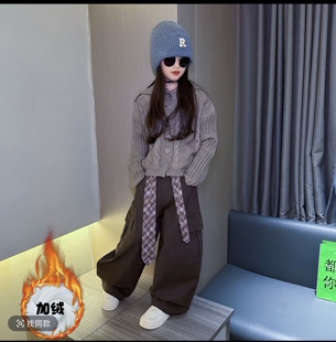 女童美拉德翻领毛衣秋冬加厚慵懒风针织衫儿童加绒工装弯刀裤套装