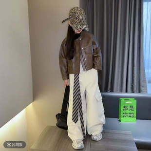 套装 女童夹克2025新款 阔腿裤 外套女宝网红皮衣洋气儿童工装 春装