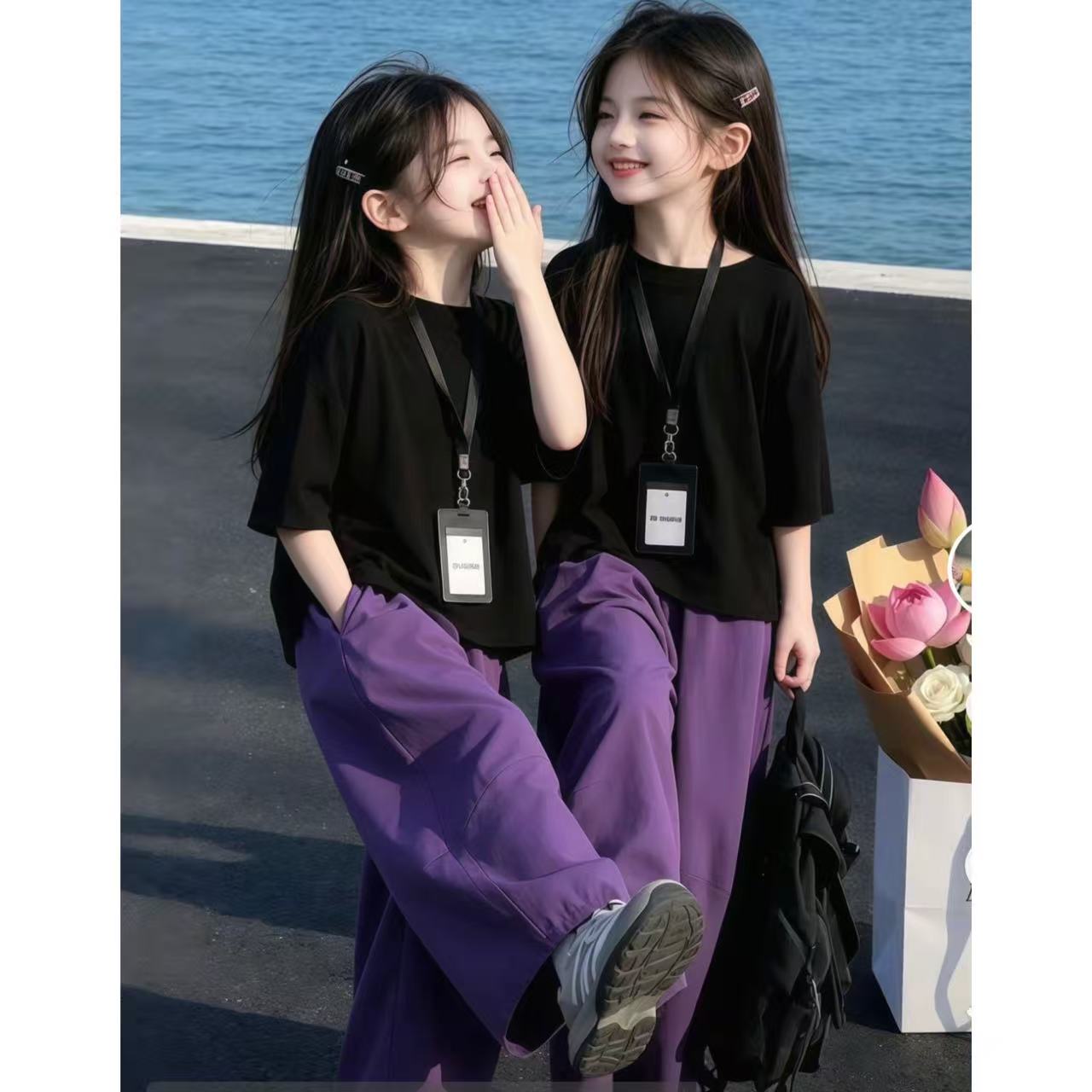 男女童夏季韩版宽松短袖T恤灯笼裤套装女孩时尚棉布弯刀裤两件套