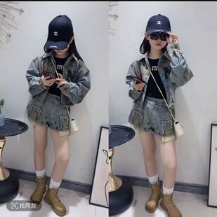 女童牛仔套装2026小女孩辣妹街舞走秀短牛仔外套短裤爵士舞两件套