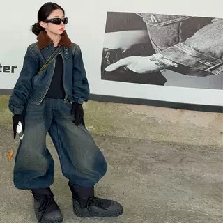 女童复古牛仔套装冬季加绒加厚两件套韩版洋气阔腿裤休闲外套