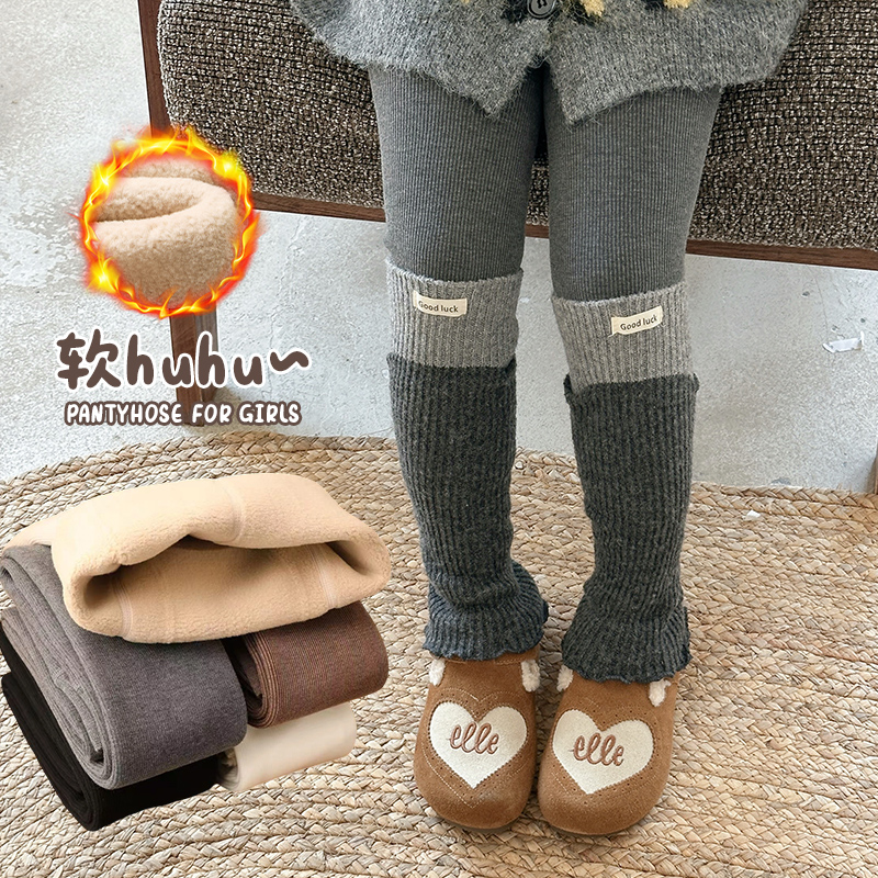 女童连裤袜秋冬季儿童打底裤加绒加厚款打底袜白色九分女孩连体袜