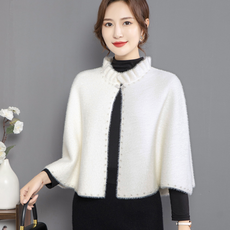 百褶领手工钉珠旗袍外搭小披肩水貂绒+羊绒面料护肩防寒斗篷时尚