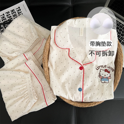 带胸垫云朵棉睡衣女三件套夏季薄款波点KT短袖短裤长裤家居服套装
