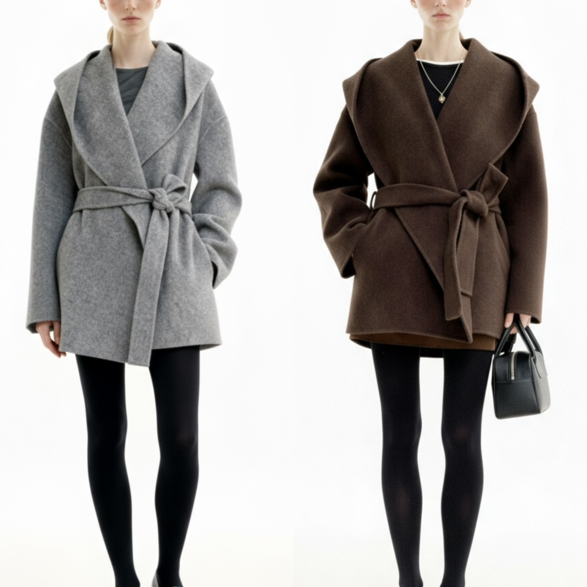 现货高圆圆同款！E家羊毛×羊驼毛混纺~连帽系带浴袍款双面呢大衣