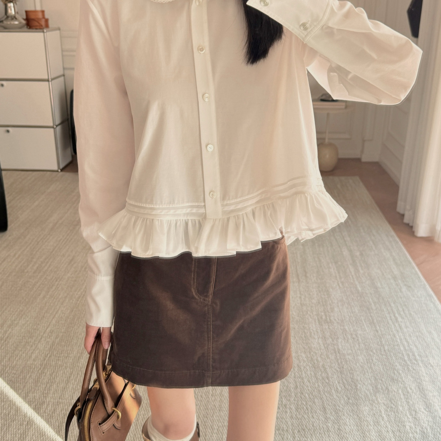 现货！甜美小白花！Z雅~双层娃娃领 荷叶边拼接宽松长袖衬衫