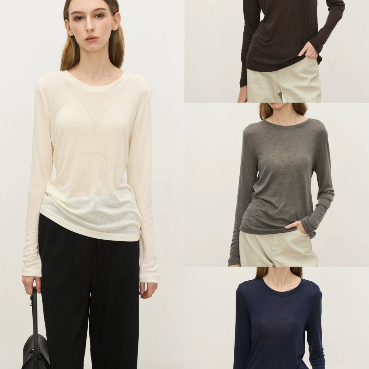 现货上身舒适0压感R*W 莱赛尔×羊毛混纺~简约圆领长袖T恤打底衫