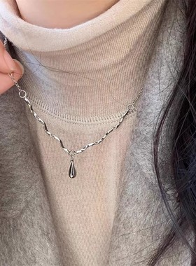 银色波浪水滴项链女法式简约