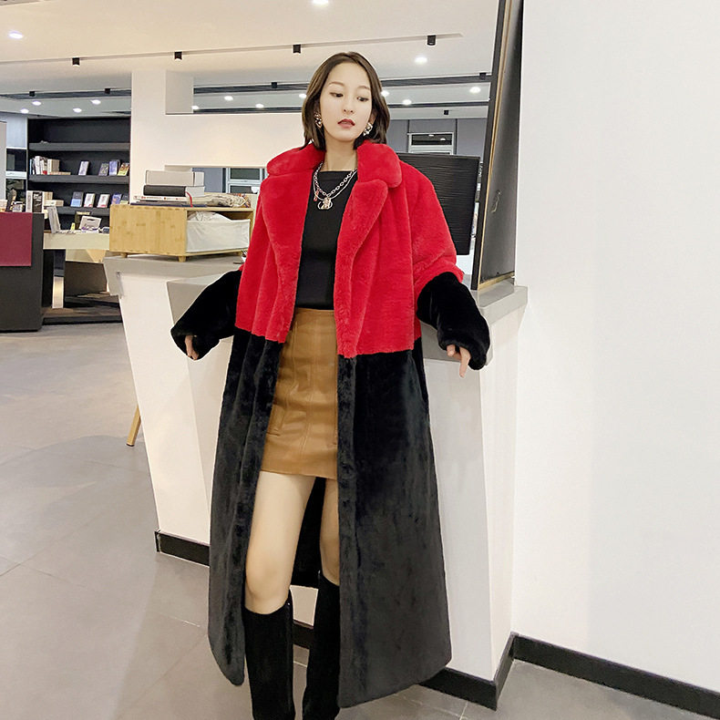 冬季宽松水貂绒仿皮草拼接中长款外套毛毛西装领女装大衣厂家批发