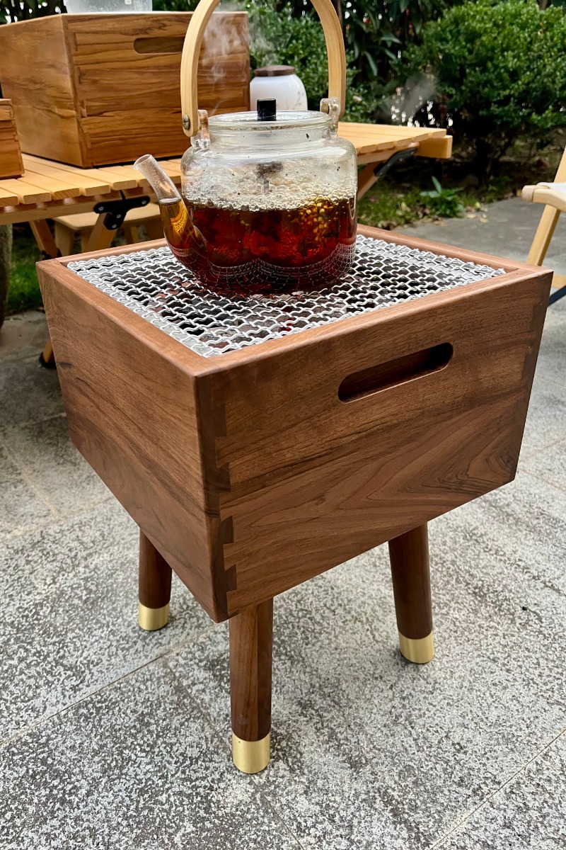 北美胡桃实木煮茶围炉茶桌茶室火钵日式户外室内煮茶碳炉方型茶炉