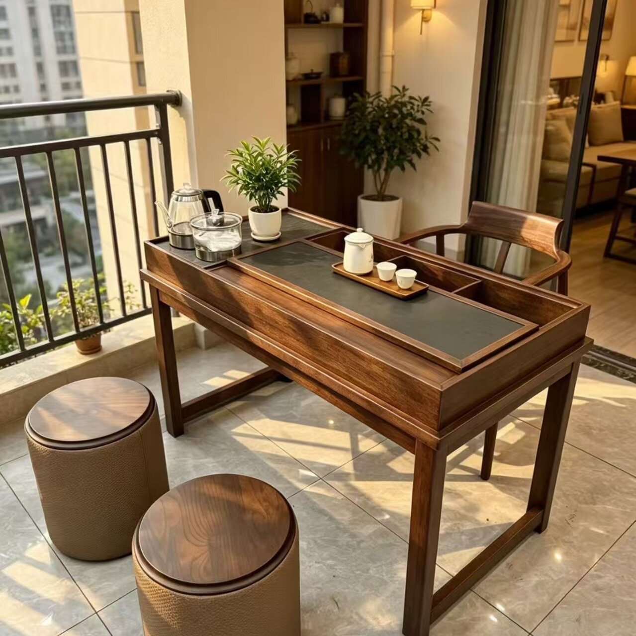 阳台茶桌推拉储物收纳茶桌椅组合