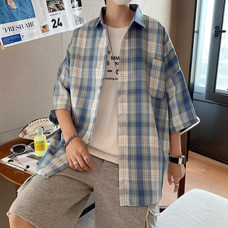 格子衬衫男短袖夏季薄款潮牌宽松五分袖衬衣痞帅港风半袖寸衫外套