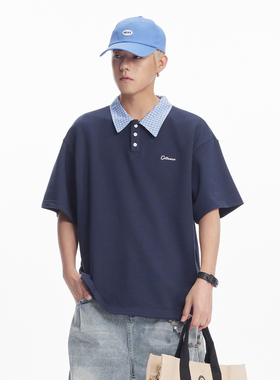 InstGuys韩系拼接撞色格子短袖T恤女夏季复古宽松显瘦polo领上衣