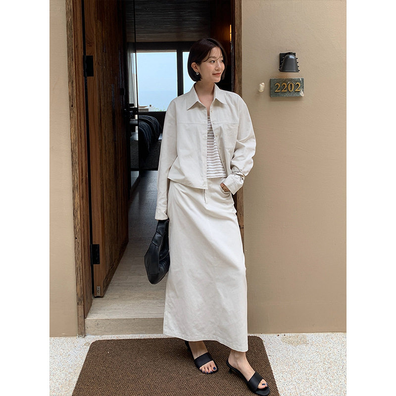 韩系温柔潮流气质天丝棉假两件衬衣+半身裙2026春季时尚休闲套装