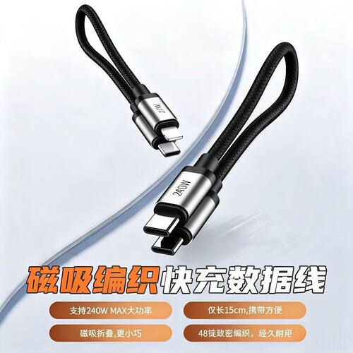 新款240W数据线超级快充线磁吸编织PD适用苹果iPhone17安卓华为荣耀小米充电宝短线15cm充电线