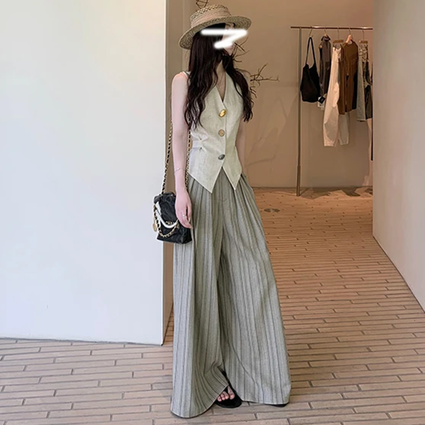时尚套装女2025夏季新款V领马甲背心条纹褶皱设计垂感休闲裤套装