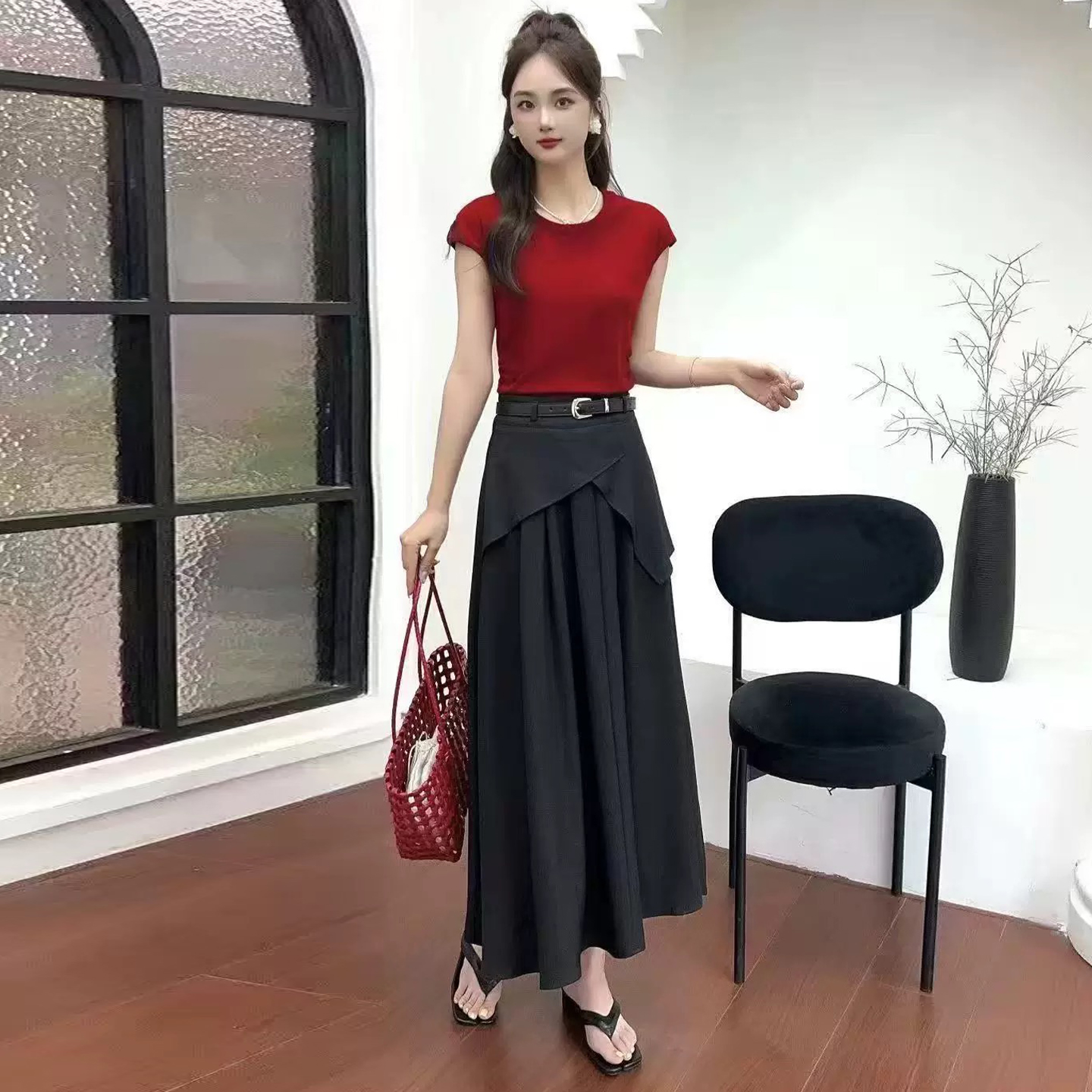 时尚套装裙女2025夏季新款洋气减龄显瘦圆领短袖上衣半身裙两件套