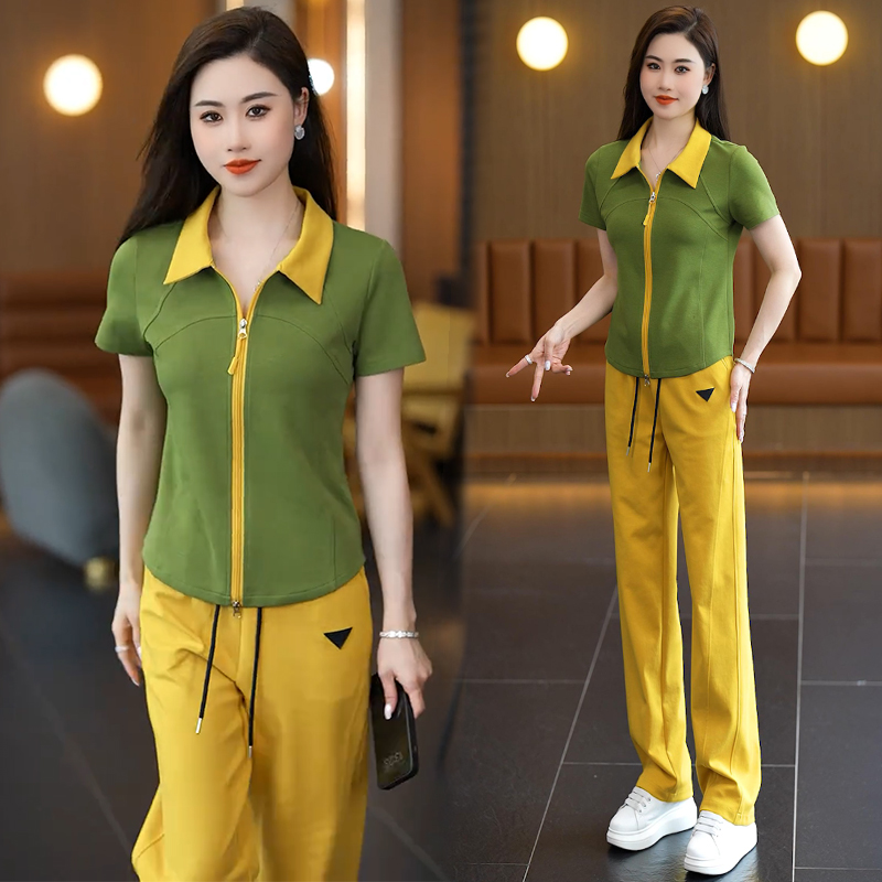 休闲运动套装女2025夏季时尚洋气质宽松显瘦撞色短袖阔腿裤两件套