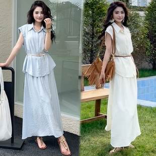 气质显瘦短袖 时尚 新款 雪纺套装 上衣高腰半身裙两件套潮 女2025夏季