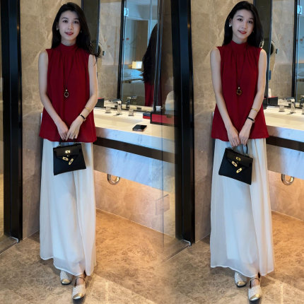 时尚套装女2025夏季新款洋气减龄遮肉显瘦无袖衬衫阔腿裤两件套潮