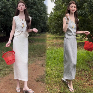 洋气减龄显瘦无袖 时尚 新款 套装 上衣开叉半身裙两件套潮 女2025夏季