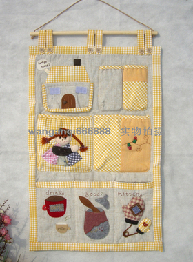 AABY创意好生活 可爱实用多功能暖黄色格子布艺收纳挂袋款八