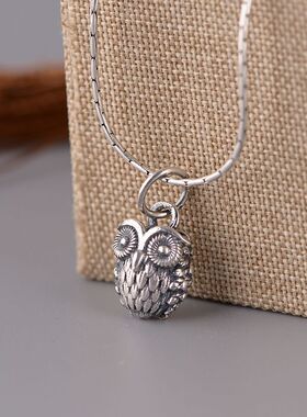 苏念S925纯银复古泰银手工DIY配件男女简单萌版猫头鹰小吊坠挂件