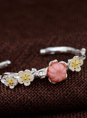 苏念S925纯银手镯素银工艺镶嵌贝壳女款简约清新飘金工艺手环配饰