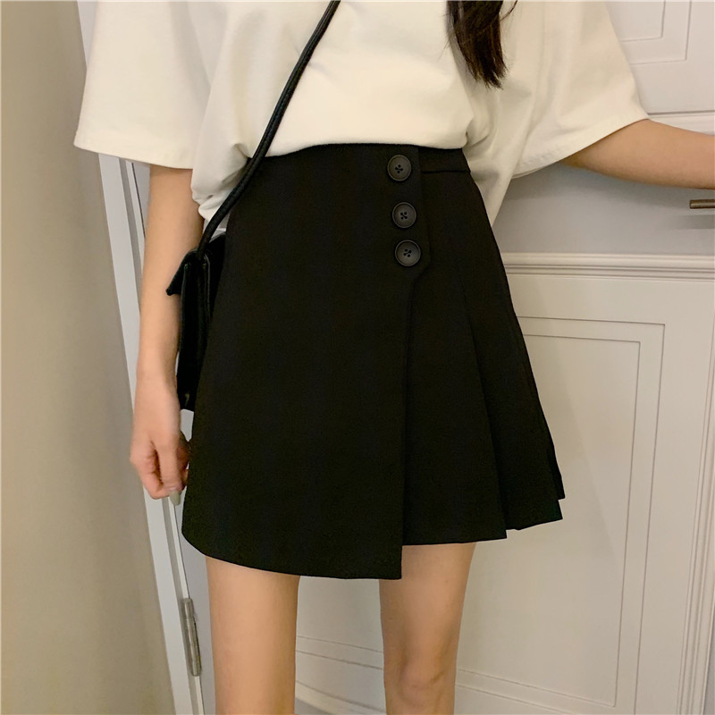 Real photo real price new Hong Kong style word skirt high waist pleated skirt short skirt women's black irregular skirt