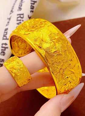 黄铜仿金宫廷风牡丹宽版婚戒
