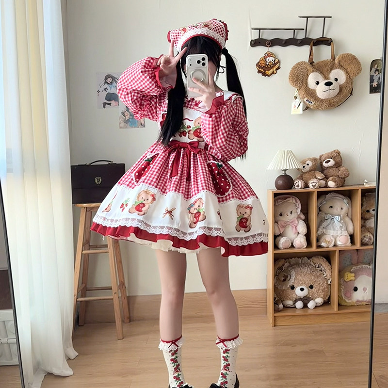 原创  草莓熊  少女可爱甜美长袖格纹连衣裙Lolita裙子