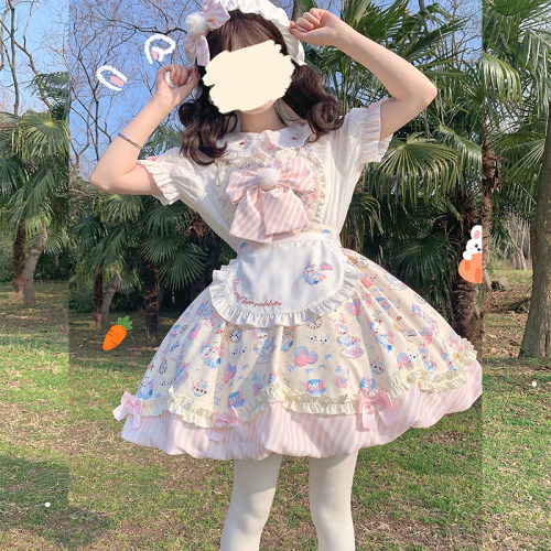 原创  爱丽丝兔  少女甜美可爱印花柄图Lolita裙子JSK花苞裙