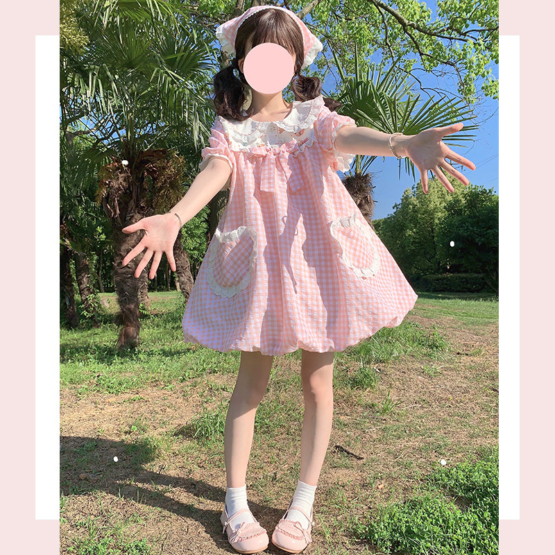 原创  草莓熊格格  少女可爱海军领Lolita花苞格纹短袖连衣裙