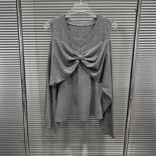 针织衫 EAM 设计感灰色蝴蝶结V领露肩长袖 新款 女 STUDIO2026年春季
