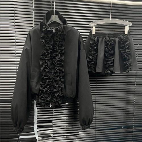 复古木耳边棉服套装短裙两件套