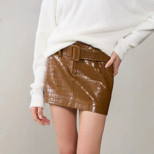 摩登鳄鱼纹腰带pu皮短裙半身裙女