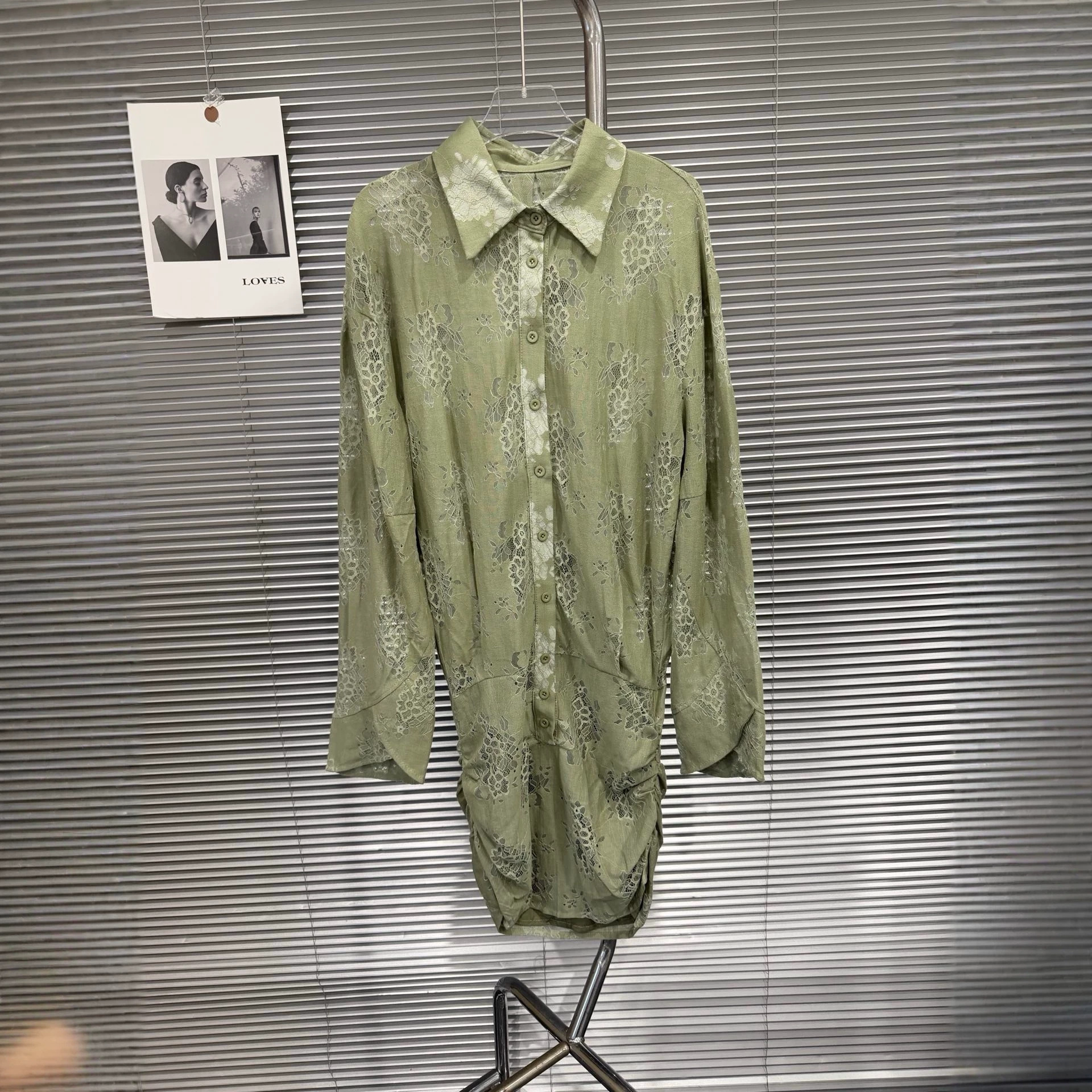 EAM STUDIO清新抹茶绿镂空蕾丝印花衬衫连衣裙翻领单排扣长袖短裙