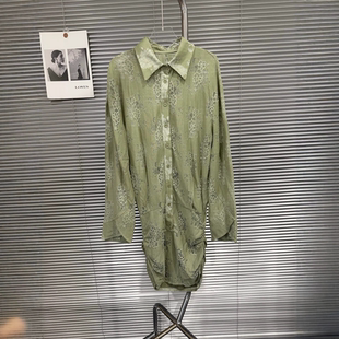 EAM STUDIO清新抹茶绿镂空蕾丝印花衬衫连衣裙翻领单排扣长袖短裙