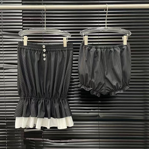 条纹抹胸裙套装女夏季拼接花苞裙