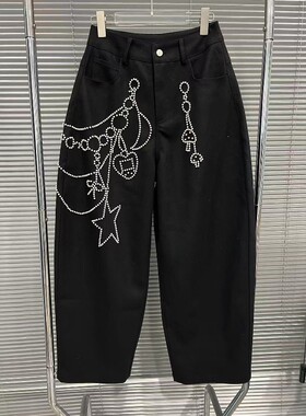 EAM STUDIO2026年春季新款小众设计感烫钻装饰黑色弯刀休闲裤长裤