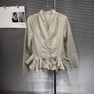 EAM STUDIO韩系小众V领长袖单排扣下摆百褶荷叶边拼接短外套女ins