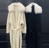 EAM 腰带外套 开衫 STUDIO2025秋冬季 慵懒高级大毛领针织毛衣女长款