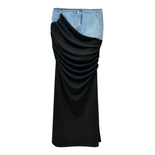 褶皱包臀长裙设计感牛仔半身裙