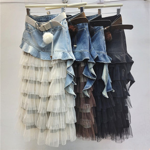不规则荷叶边拼接牛仔半身裙腰带网纱裙 新款 EAM STUDIO2026年春季