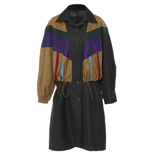 欧货小众中长款抽绳撞色拼接风衣